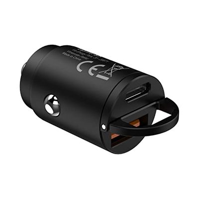Celly, Caricabatterie da Auto Linea Black Label, Caricabatterie con Porta USB-C + Porta USB, 30W Output, Tecnologia Power Delivery con Ricarica in 1 Ora, Dimensioni Compatte, Nero
