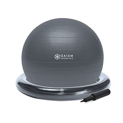Gaiam Essentials Balance Ball & Base Kit, 65 cm Yoga Ball Stoel, Oefenbal met Opblaasbare Ring Base voor Thuis of Kantoorbureau, Inclusief Luchtpomp - Grijs