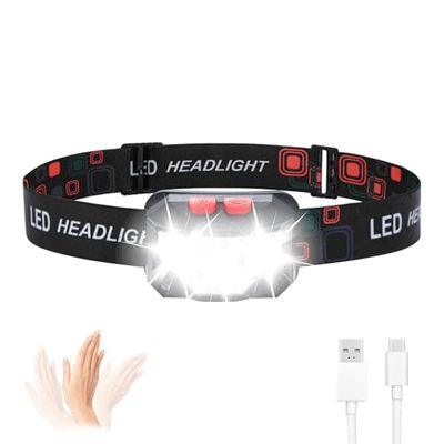 GRIFEMA GD301 Linterna Frontal LED Recargable, 6 Modes de Luz (Blanco y Rojo) con Sensor de Movimiento, IPX45 Impermeable y Liviana, para Correr de Noche, Camping, Pesca, Excursión