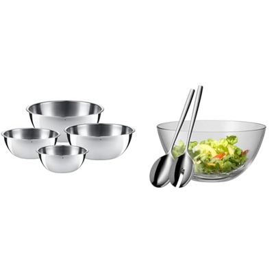 WMF Gourmet Skålset 645709990 | 4 Delar | Silver/Rostfritt Stål | 0.75-2.75L | Multifunktionell blandningsskål & WMF Taverno 3-delad salladsskål set, glas salladsbestick, diameter 25 cm