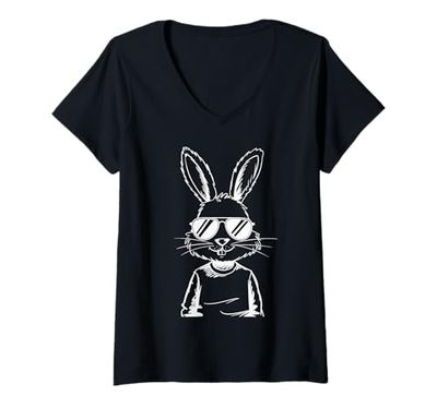 Donna Easter Day Kids Men Women Rabbit Sunglasses Bunny Egg Hunt Maglietta con Collo a V