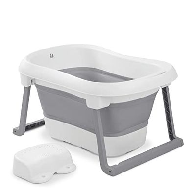 Hauck Baignoire Bébé avec Siège Wash N Fold L Baignoire Pliable Bébé jusqu'à 18 kg, Bouchon Change de Couleur à Température Élevée, Bassin de Douche Portable, Drainage Rapide - Blanc Gris