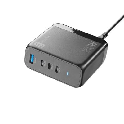 Cellularline - MULTIPOWER DESK GAN 150W - Caricabatterie da rete 4 porte GaN ultracompatto - 3 porte USB-C e 1 porta USB-A - Dotato di Tecnologia Gan - Ideale per Smartphone, Tablet e Laptop - Nero