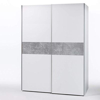 PULS, Armadio elegante con molto spazio, Armadio versatile ad ante scorrevoli di colore bianco, fascia cemento, 170 x 195 x 58 cm (larghezza x altezza x profondità)