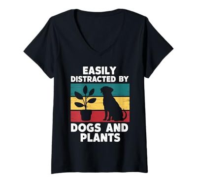 Womens Easily Distracted By Dogs And Plants V-Neck T-Shirt