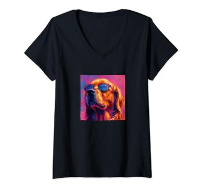 Mujer Gafas de sol Golden Retriever Retro Colorido Gráfico Camiseta Cuello V