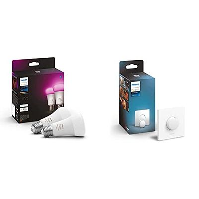 PHILIPS Hue White and Color Ambiance Lampadina LED Smart, 2 Pezzi, Bluetooth, Attacco E27, 9W, Dimmerabile, 1100 Lumen + Hue Smart Button, Telecomando Controllo Luci Smart Hue, Bluetooth, Bianco