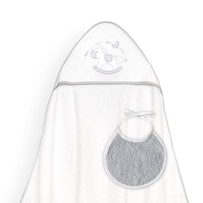 Interbaby - Capa de Baño Bebe Blanco/Gris + Babero | Toalla Bebe con Capucha 100% Algodón, 100x100cm, Unisex | Suave, Cómoda, Ideal Recién Nacidos, Bebes y Niños Pequeños | Diseño Caballito