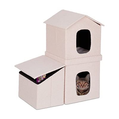 Relaxdays Casa Gato 2 Niveles Plegable, Casita Tejado MDF, 2 Entradas, Cama-Cueva Gatito, Almacenaje, 86x75x44 cm, Beige, Tablero de Fibras