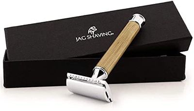 Jag - Rasoio a doppio taglio per uomo e donna, con manico in bambù, con elegante custodia