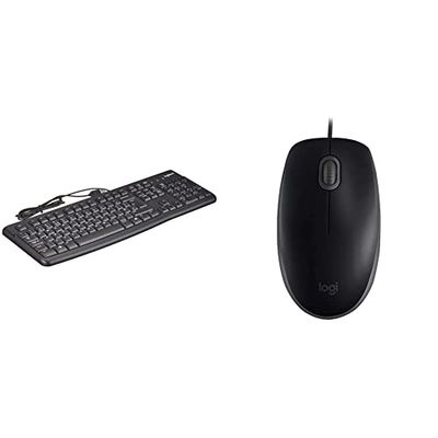 Logitech K120 Tastiera Cablata, Layout UK ‎Qwerty, Nero & B110 Mouse USB cablato, pulsanti silenziosi, design confortevole per l'uso a grandezza naturale, PC/Mac/Laptop ambidestro - Grigio