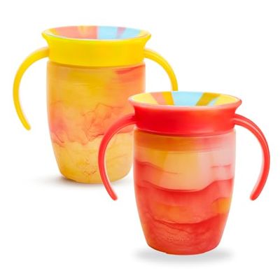 Munchkin Miracle 360 6+ Month 7oz Baby Sippy Cups (2-Pack), Free Flow Beaker for Toddlers, Trainer Cup, BPA-Free, Spill-Free, Dishwasher-Safe Baby Water Bottle with Easy-Grip Handles. (Red/Yellow)