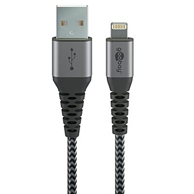 Goobay 49268 Lightning till USB-kabel/MFi Apple laddningskabel Lightning Kabel/480 Mbits iPhone-kabel, extremt robust textilkabel/laddningskabel iPhone Apple iPad/grå/1 m