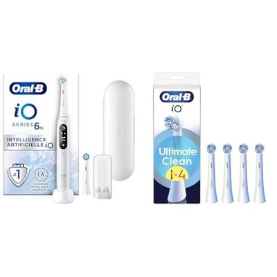 Oral-B Pack Brosse A Dents Electrique iO6 et Brossettes Ultimate Clean, ORIGINALES, Lot De Manche Oral B Blanc avec 2 Embouts Ronds Et 5 Modes De Nettoyage, 4 Têtes Blanches, Brossage En Profondeur