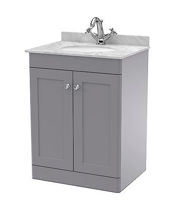 nuie CLC225GR1 Classique Floor Standing 2 Door Unit & 1 Tap Hole Marble Worktop with Round Basin, 600mm, Satin Grey