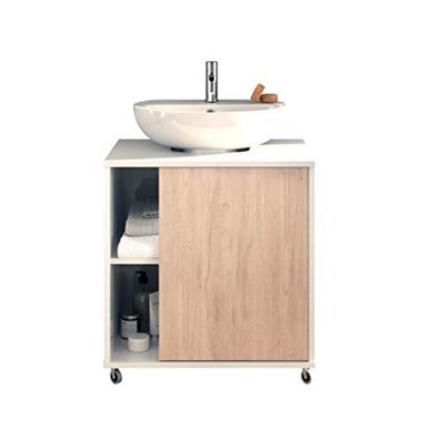 Muebles Pitarch | Mobile basso per lavabo, armadietto da bagno, larghezza 60cm, con ruote, 1 porta a sinistra o a destra, Bianco e Rovere Aurora, modello Sintra
