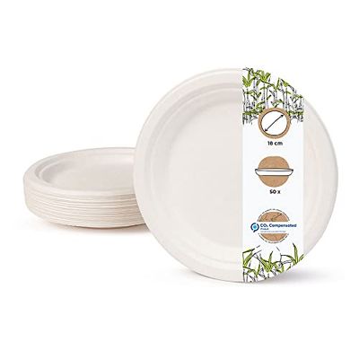GREENBOX Wegwerp wegwerpservies, 50 stuks suikerrietborden, wit, rond, gebleekt, 18 cm, biologisch wegwerpservies, dinerborden, wegwerpborden, partyborden, wegwerpservies