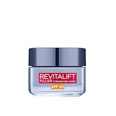 L’Oréal Paris Revitalift Filler Deep Replumping Anti-Ageing SPF50 Cream, UV Protection, Moisturising, Intensely Hydrates and Smooth Wrinkles with Macro, Micro and Micro-Epidermic Hyaluronic Acid, 50ml