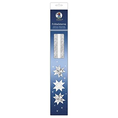 Ursus 34930000F - Lot de 80 bandes de papier pour étoiles de Fröbel - Argenté/blanc - En papier de bricolage de qualité supérieure - 2 designs différents pour 20 étoiles en papier - Avec instructions
