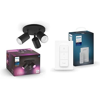 Philips Hue White and Color Ambiance FUGATO Spot rond 3x5.7W - Noir, Compatible Bluetooth & Hue Dim Switch Télécommande nomade variateur de lumière V2