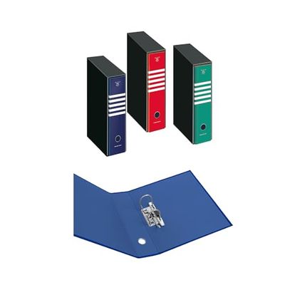 Pigna,Set 3 pezzi Raccoglitori a Leva,Formato 28,5x33 cm,Dorso da 8 cm,Con Custodia,MONOCROMO,3 colori assortiti (blu,rosso,verde)