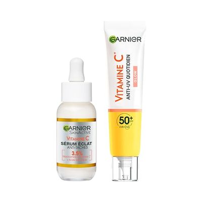 Garnier SkinActive - Coffret Routine Vitamine C - Sérum Anti-Taches Brunes + Fluide Anti-UV Quotidien Glow - Réduit les Taches Brunes et Protection SPF50+ - Enrichis en Vitamine C - Tous Types de Peau