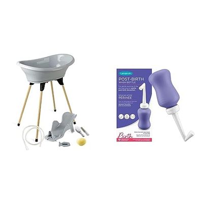 THERMOBABY - Pack Bain Bébé Vasco 7 en 1 Gris - Baignoire + Pied + Vidange + Transat de bain réglable + Thermomètre + Eponge + Brosse et peigne - Fabriqué en France & Lansinoh I Douche intime périnée