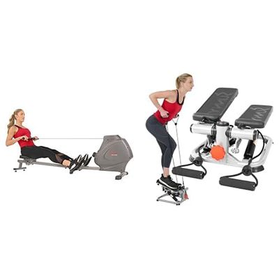 Sunny Health & Fitness Foldable and Compact Magnetic Rowing Machine, 130 KG MAX + Advanced Mini Home Steppers, Total Body Workout Stair Machine with Resistance Bands