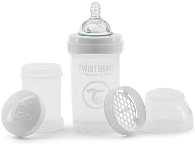 Anti-Colic Baby Bottle with Milk Powder Container and Mixer - 180ml | Slow Flow Silicone Breast-Like Nipple | BPA- Free Baby Milk Bottle | Suitable for Newborn Babies (0+) | White