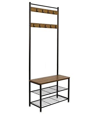 Meerveil Kapstok Stand, Schoenenrek, Kapstok Stand, Kledingrek, Schoenopslag Bank met 9 haken, Metalen Hall Boom, Metalen Frame voor slaapkamer, Living, Kamer hal (bruin), Retro