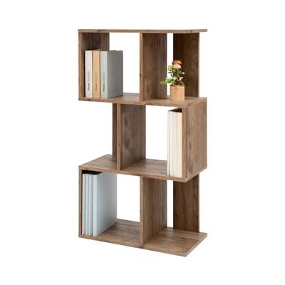 Iris Ohyama, Decoratieve boekenkast met 3 planken/ S-vormige boekenplank, Ontwerp, Modulare, kantoor, kamer, bibliotheek - Display Shelf - SRK-W3 - AsBruin