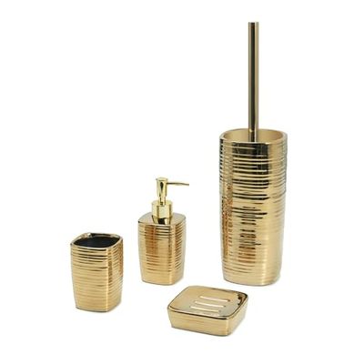 GEDY | Set Bagno 4 Pezzi Kelly Color Oro, Dosasapone 240 ml, Scopino con Ciuffo in Setole, Portaspazzolino, Portasapone, Accessori Bagno Realizzati in Ceramica