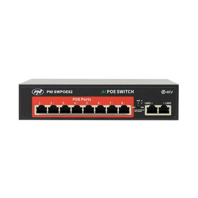 Commutateur POE PNI SWPOE82, 8 Ports POE 100 Mbps et 2 Ports UP Link 100 Mbps, 120 W, Fonction d'extension AI jusqu'à 250 m, Protection Contre la Foudre 4 KV