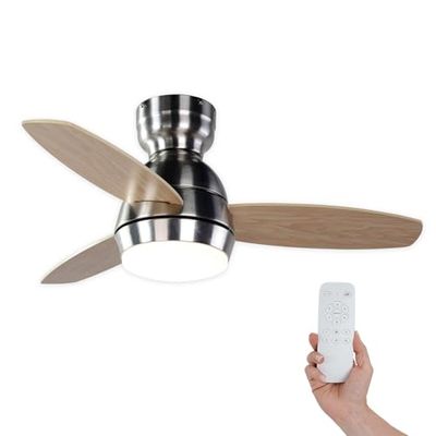 Kekai Mistral Plafondventilator DC 92 x 34 cm, 55 W, zilver met houten vleugels, DC-motor, licht met 3 temperaturen, timer, 6 snelheden en afstandsbediening inbegrepen