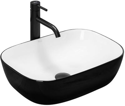 Rea Lavabo da Appoggio Belinda Bianco Nero Lavandino bagno 465 x 330 x 135 mm Ceramica (Bianco/Nero)