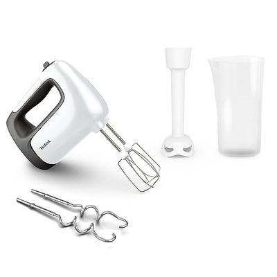 Tefal HT4611 Prep'Mix+ Batteur à main | 500 W | Bouton coulissant à 5 vitesses + Turbo | Accessoires inclus : 2 fouets, 2 crochets pétrisseurs, presse-purée/verre doseur | Blanc/noir