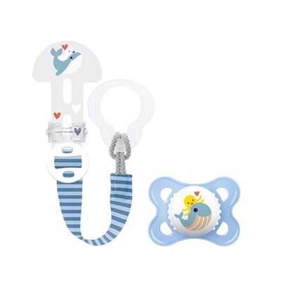 MAM Pack Chupete Original + Broche Chupetero, 2-6 Meses, Chupete con Tetina Skin Soft Silicone de Fácil Aceptación, Broche Adaptable a Todo Tipo de Chupetes, Mordedores y Juguetes, Ajustable, Azul
