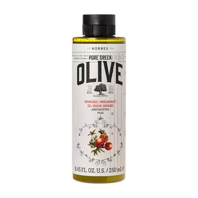 KORRES OLIVE POMEGRANATE Gel doccia idratante per una pelle morbida, con olio extravergine di oliva e profumo di melograno, vegano, senza siliconi e parabeni, 250 ml