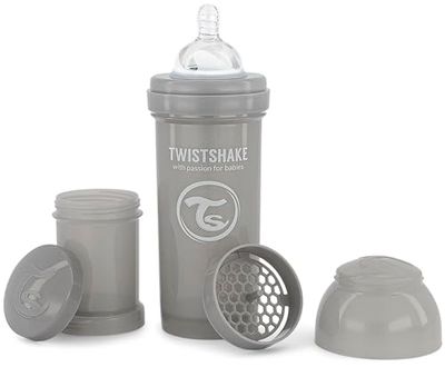 Twistshake Biberão anticólicos com depósito para leite e misturador, 260 ml, tetina de silicone com fluxo médio estilo peito, livre de BPA, adequado para bebés a partir de 2 meses, cinzento