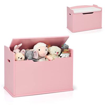 COSTWAY Boîte à jouets 2 en 1 avec couvercle, coffre à jouets en bois avec coussins, armoire à jouets avec poignées de transport, rangement pour chambre d'enfant, salle de jeux, 74 x 39 x 52 cm (rose)