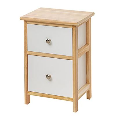 Baroni Home Nachtkastje, woonkamerkast, slaapkamer, badkamer, multifunctionele kast, kleur natuurlijk hout met 2 witte laden, afmetingen 30 x 24 x 43 cm
