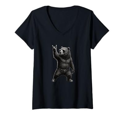 Donna Orsetto grizzly, stile vintage, music rock, gesture funny grizzly Maglietta con Collo a V