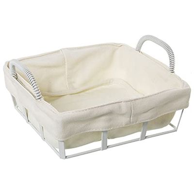 DRW Cestino di Pane in Metallo e Tessuto in Bianco 22x20x11cm