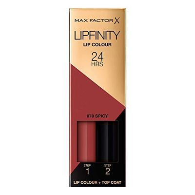 Max Factor LipFinity Lip Colour Lipstick Pintalabios, Tono 70 Spicy - Paso 1: 2.3ml Paso 2: 1.9g