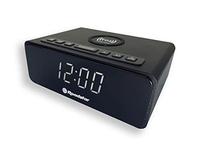 Roadstar CLR-700QI Radiowekker met lcd-display, QI voor draadloos opladen van je apparaten, twee wektijden en slaaptimer, 10 zendergeheugen, radio-tuner, zwart