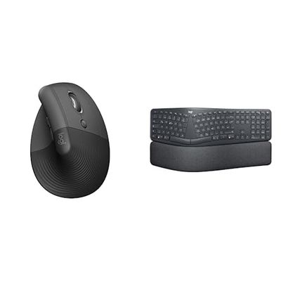 Logitech Lift Vertical Ergonomic Mouse, Wireless, Bluetooth or Logi Bolt USB receiver, Quiet, ERGO K860 Wireless Ergonomic Keyboard - Split Keyboard Layout, Wrist Rest, QWERTY UK Layout - Graphite