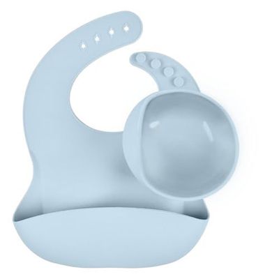 Silicone Baby Feeding Set, Includes Bib, Bowl with Suction Cup and Spoon, BPA - Blue