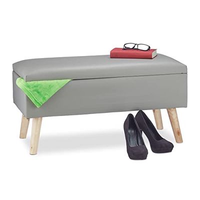 Relaxdays hocker met opbergruimte, 40 l, met deksel, houten poten, kunstleer, HxBxD: ca. 40x80x39,5 cm, grijs