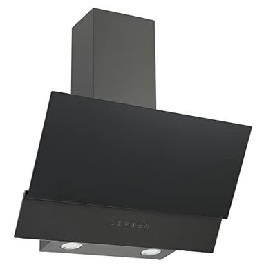 Cappa aspirante Respekta/cappa inclinata da 90 cm/alloggiamento in acciaio inox con paralume in vetro nero/funzione di estrazione e riciclo dell'aria/CH66090BSGA / A / 42-63 dB