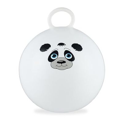 Relaxdays Pallone Rimbalzante, Palla per Saltare, Skippy Ball, Motivo Panda, Ø 45 cm, Indoor&Outdoor, Maniglia, Bianco
